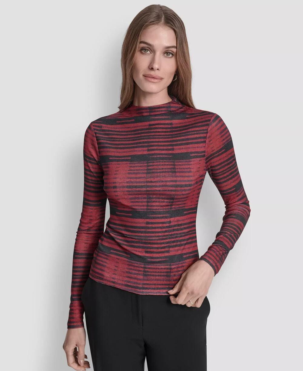 Dkny Top Womens XS Red Black Striped Tissue Mesh Fitted Funnel Neck Preppy NWT